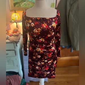 The Vintage Shop Stretch Velvet Dress M Brown Red Floral Bodycon 90s Style VGUC